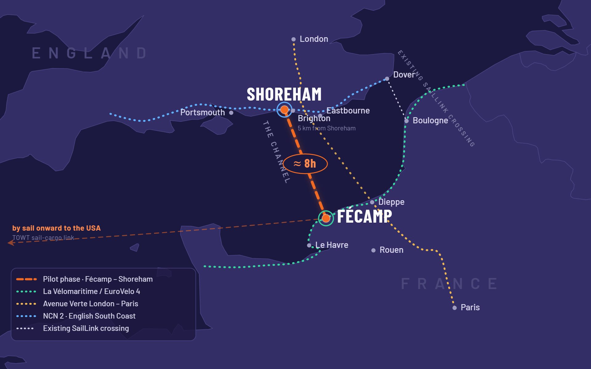 Carte de la traversée pilote entre Fécamp et Shoreham
