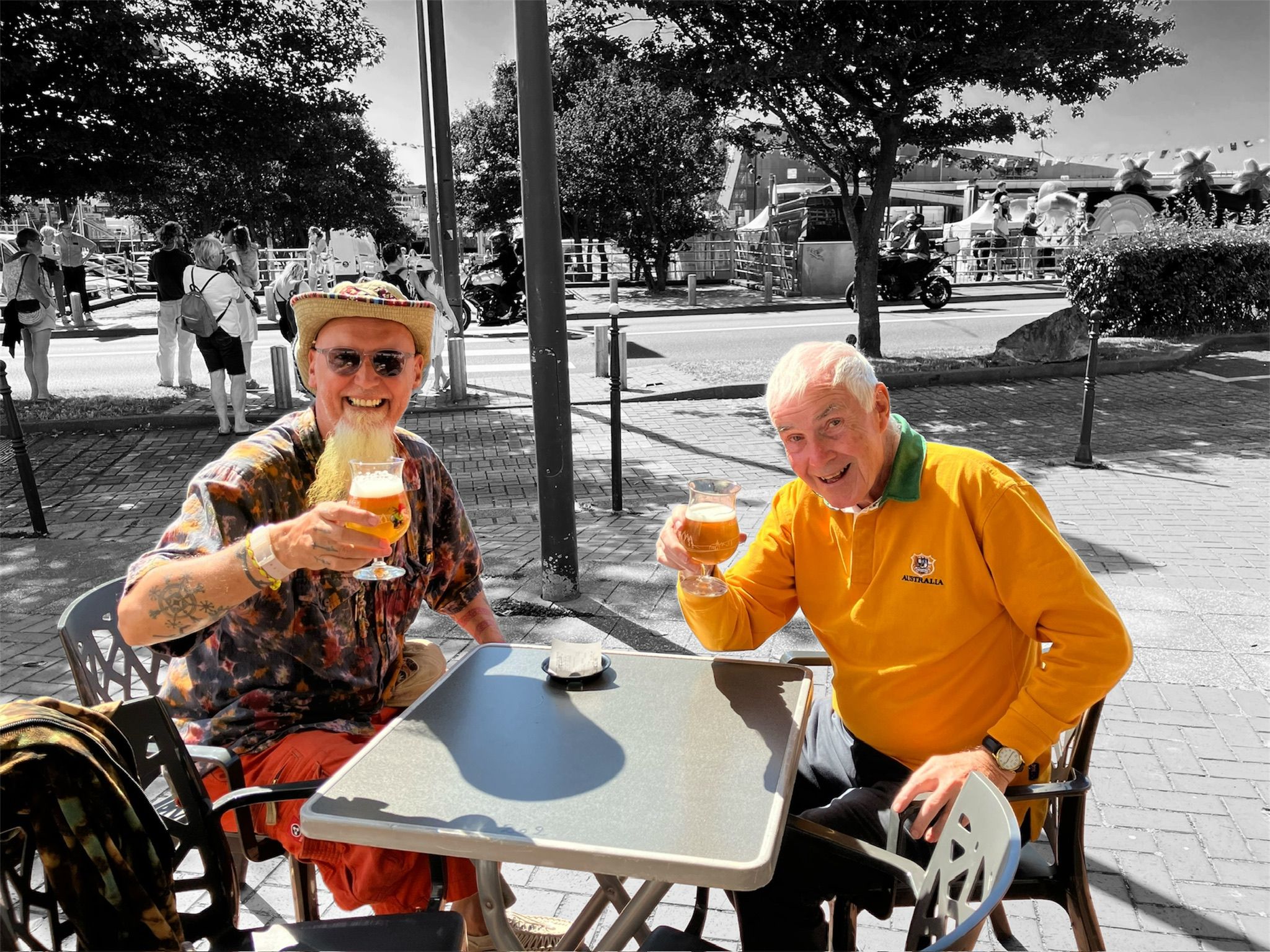 Two passengers enjoying a drink in Boulogne-sur-Mer before sailing back across the Channel